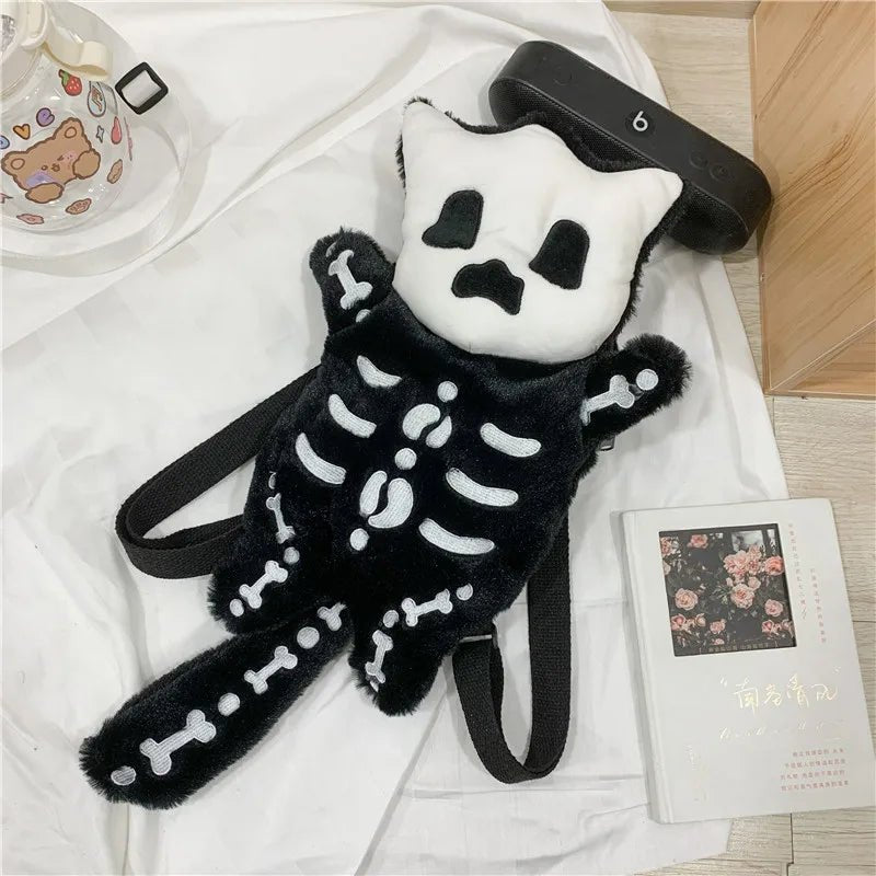 "Y2K & 90s Fashion Skull Plush Water Bottle Bag - Grunge, Retro, Goth, Summer & Party