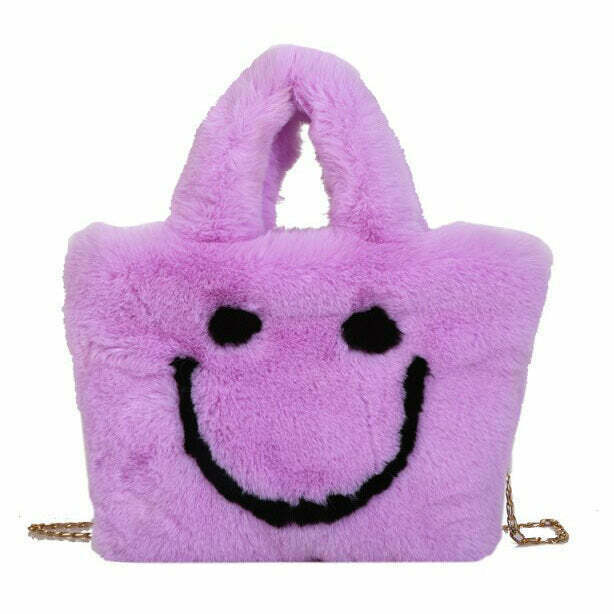 Y2K & 90s Fashion Smiley Face Fuzzy Handbag - Retro Grunge, Pastel Goth, Summer