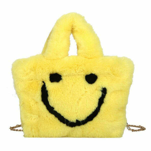 Y2K & 90s Fashion Smiley Face Fuzzy Handbag - Retro Grunge, Pastel Goth, Summer