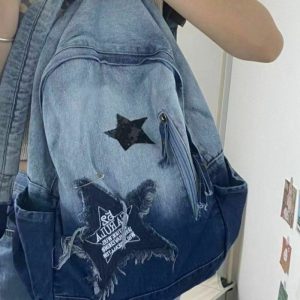 Y2K & 90s Fashion Star Pattern Denim Backpack - Perfect for Grunge, Retro, and Summer Outfits