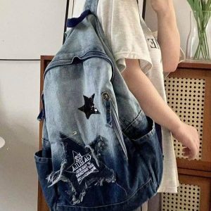 Y2K & 90s Fashion Star Pattern Denim Backpack - Perfect for Grunge, Retro, and Summer Outfits