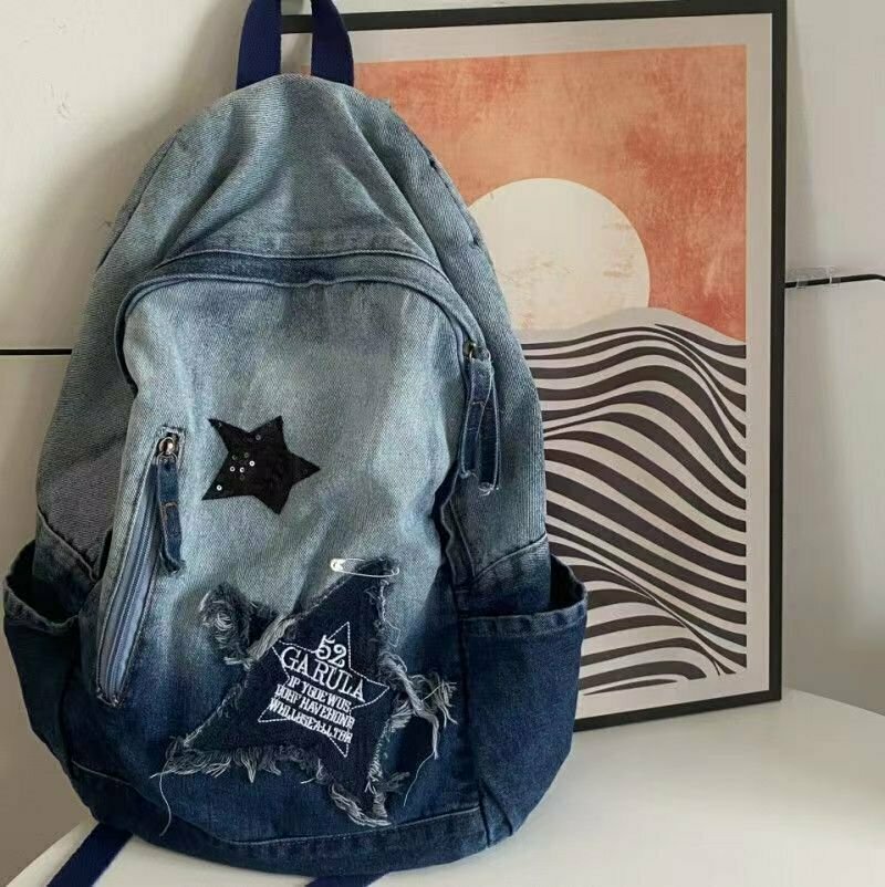 Y2K & 90s Fashion Star Pattern Denim Backpack - Perfect for Grunge, Retro, and Summer Outfits