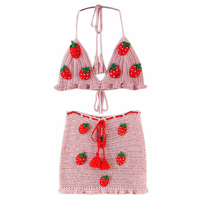 Y2K & 90s Fashion Strawberry Crochet Top & Skirt Co-Ord - Perfect Summer & Party Outfit