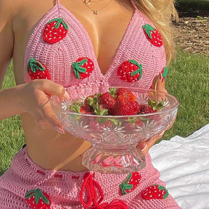 Y2K & 90s Fashion Strawberry Crochet Top & Skirt Co-Ord - Perfect Summer & Party Outfit