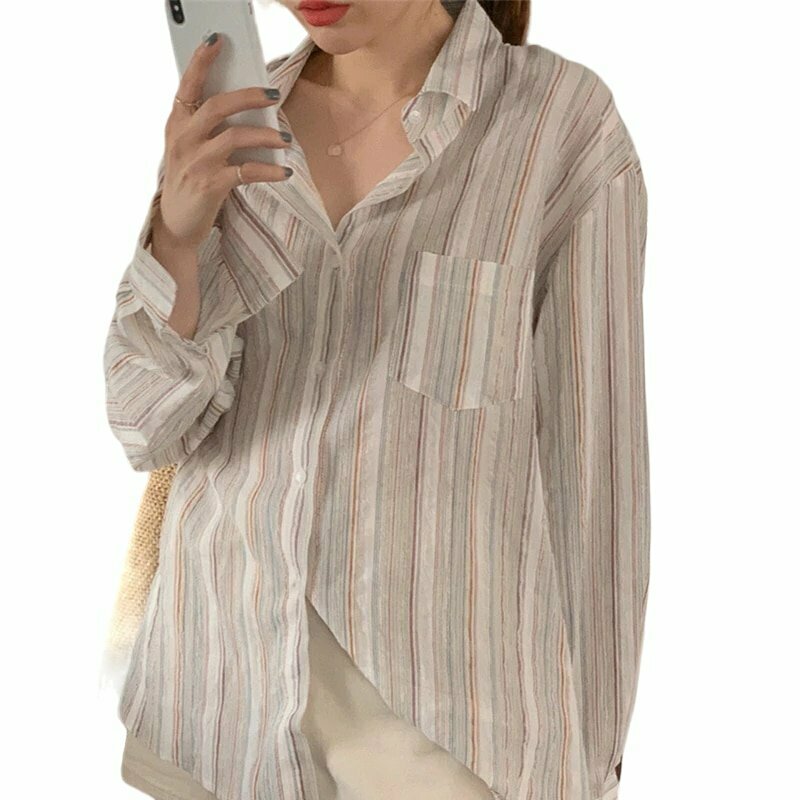 Y2K & 90s Fashion Striped Long Sleeve Casual Blouse - Retro Grunge, Summer & Party Outfits