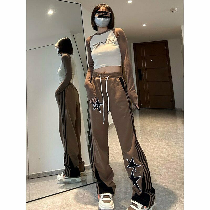 Y2K & 90s Fashion Striped Star Casual Joggers - Retro Grunge Summer Outfit