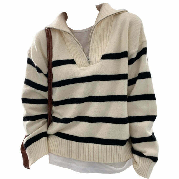 Y2K & 90s Fashion Striped Zip-Up Sweater - Grunge, Retro, Summer, Party, Club