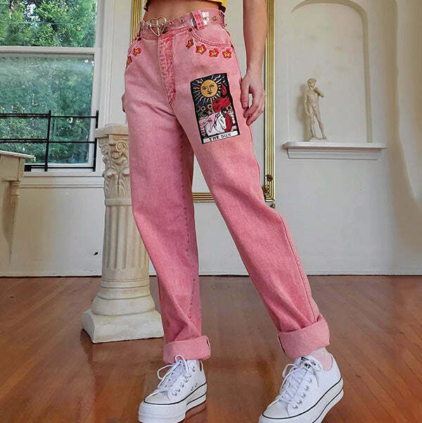 Y2K & 90s Fashion Sun Tarot Jeans - Retro Grunge, Hip Hop, Summer & Party Outfits