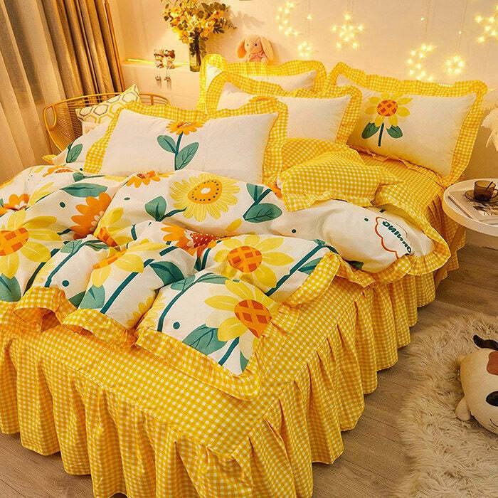 Y2K & 90s Fashion Sunflowers Aesthetic Bedding Set - Retro Grunge & Pastel Goth Vibes