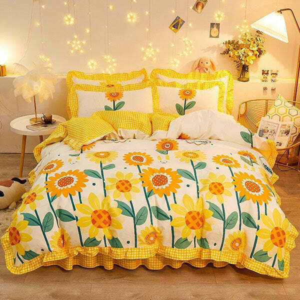 Y2K & 90s Fashion Sunflowers Aesthetic Bedding Set - Retro Grunge & Pastel Goth Vibes