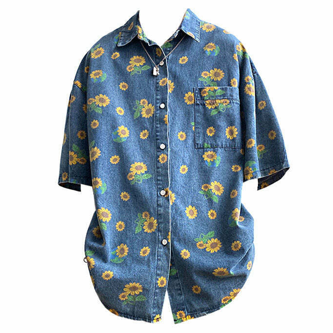 Y2K & 90s Fashion Sunflowers Denim Shirt - Retro Grunge, Summer, Party, and Club Outfits