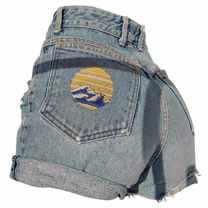 Y2K & 90s Fashion: The Great Wave off Kanagawa Shorts - Retro Grunge Summer Outfit