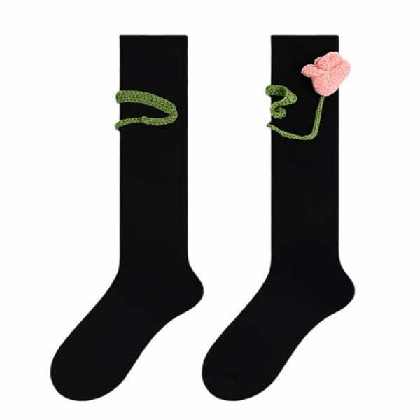 Y2K & 90s Fashion Tulip Black Knee Socks - Perfect for Grunge, Retro, and Summer Out