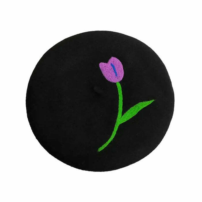 Y2K & 90s Fashion Tulip Embroidery Wool Beret - Retro, Grunge, Pastel Goth,