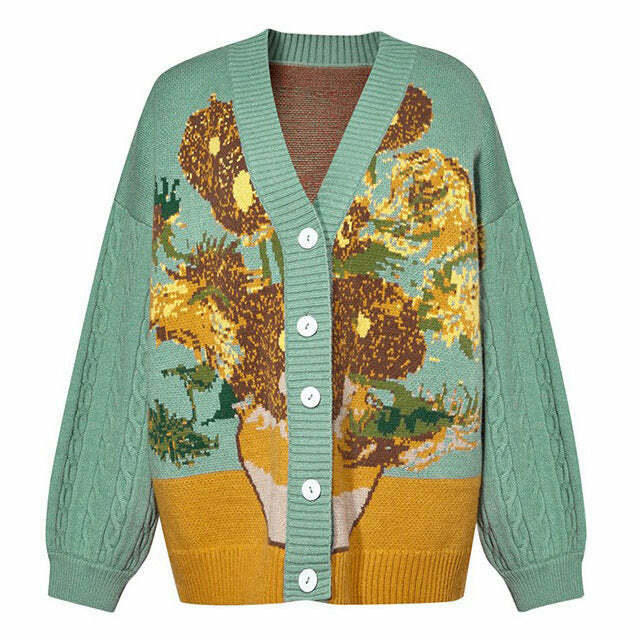 Y2K & 90s Fashion Van Gogh Sunflowers Knit Cardigan - Retro Grunge Summer Outfit