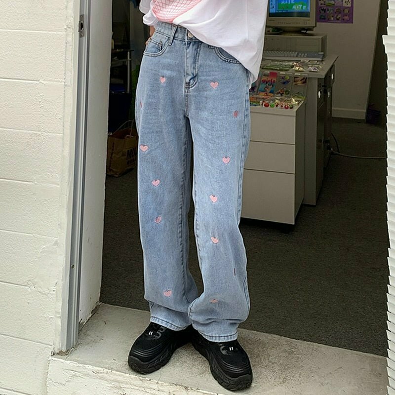 Y2K & 90s Fashion Vintage Heart Embroidered Jeans - Retro Grunge, Summer & Party Outfits