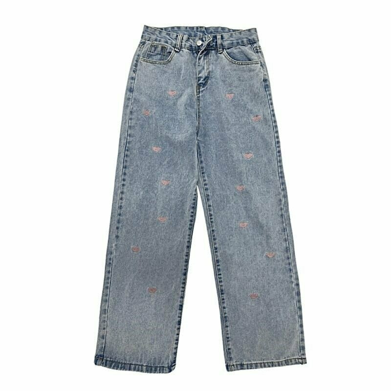 Y2K & 90s Fashion Vintage Heart Embroidered Jeans - Retro Grunge, Summer & Party Outfits