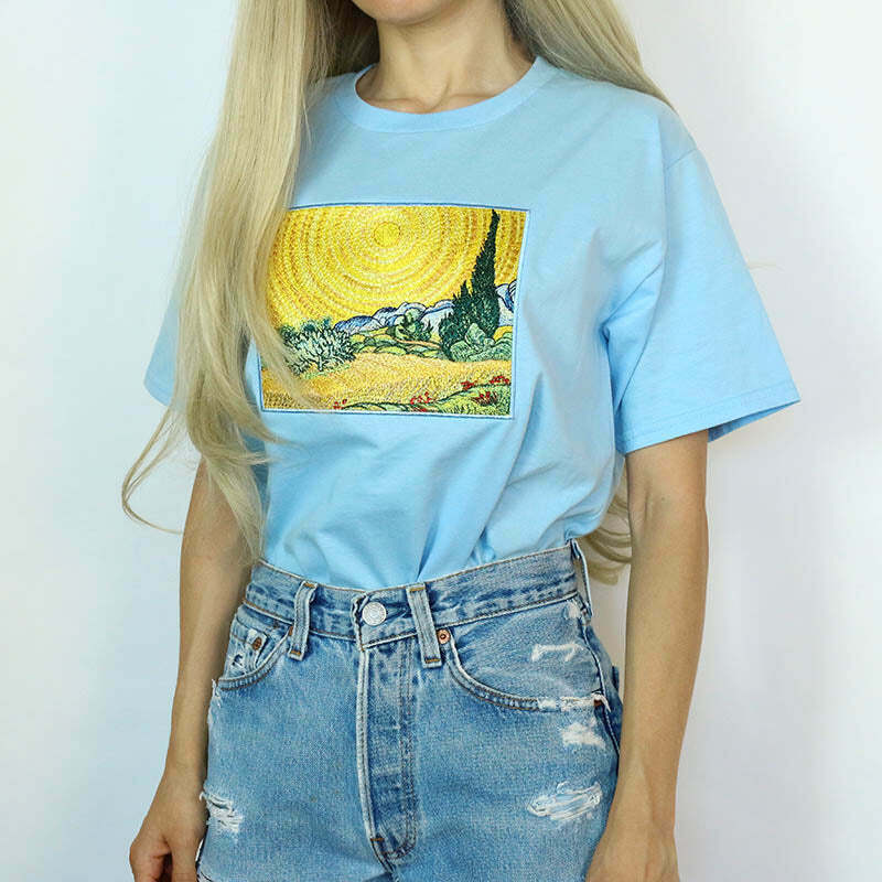 Y2K & 90s Fashion Wheat Field with Cypresses Tee - Retro Grunge, Summer, Party, and