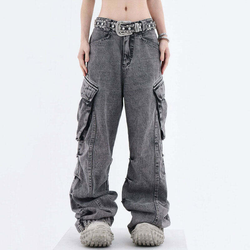 Y2K & 90s Fashion Wide Leg Cargo Jeans - Grunge, Retro, Hip Hop, Summer & Party Out