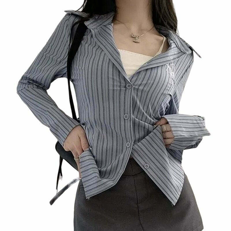 Y2K & 90s Fashion Women Striped Embroidery Shirt - Retro, Grunge, Summer, Party Outfits