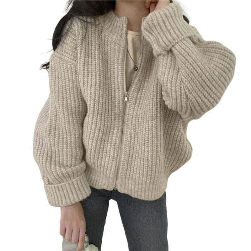 Y2K & 90s Fashion Zipper Knitted Cardigan Sweater - Grunge, Retro, Pastel Goth