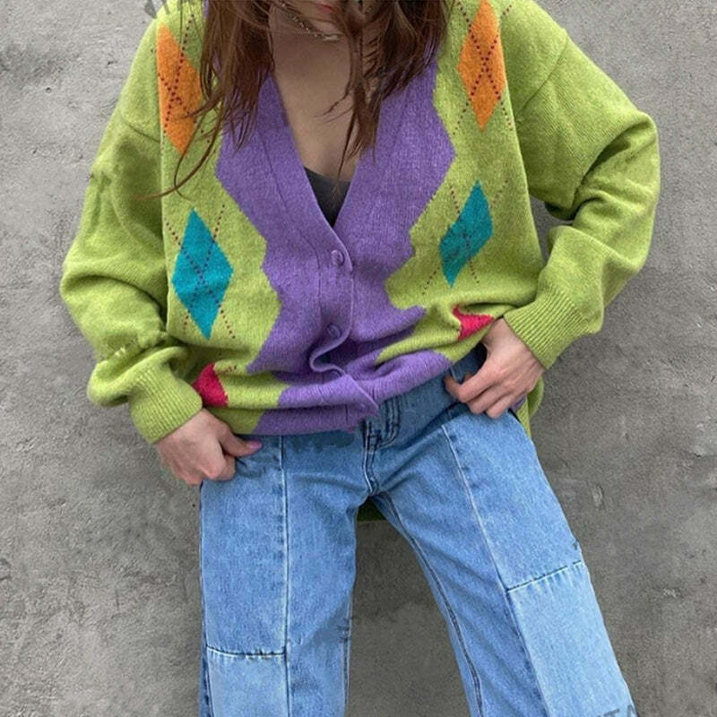 Y2K & 90s Groovy Argyle Cardigan - Retro, Grunge, Summer, Party, and Club