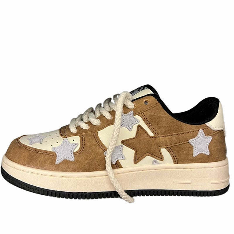 Y2K & 90s Grunge Brown & Grey Shooting Star Sneakers - Retro, Hip Hop, Pastel Goth Style