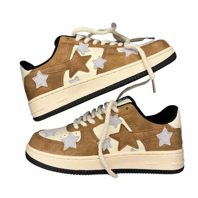 Y2K & 90s Grunge Brown & Grey Shooting Star Sneakers - Retro, Hip Hop, Pastel Goth Style