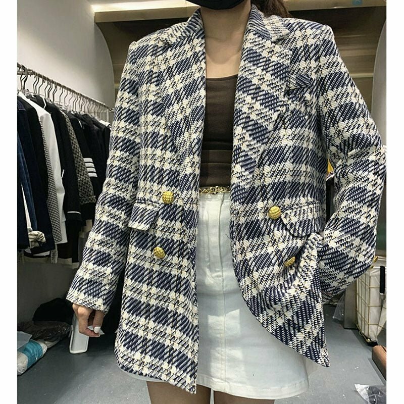 Y2K & 90s Grunge Plaid Tweed Blazer - Retro Summer Outfit, Party & Club Style