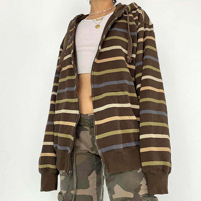 Y2K 90s Striped Zip Up Hoodie - Retro Grunge, Summer Outfits, Y2K Fashion Essentials