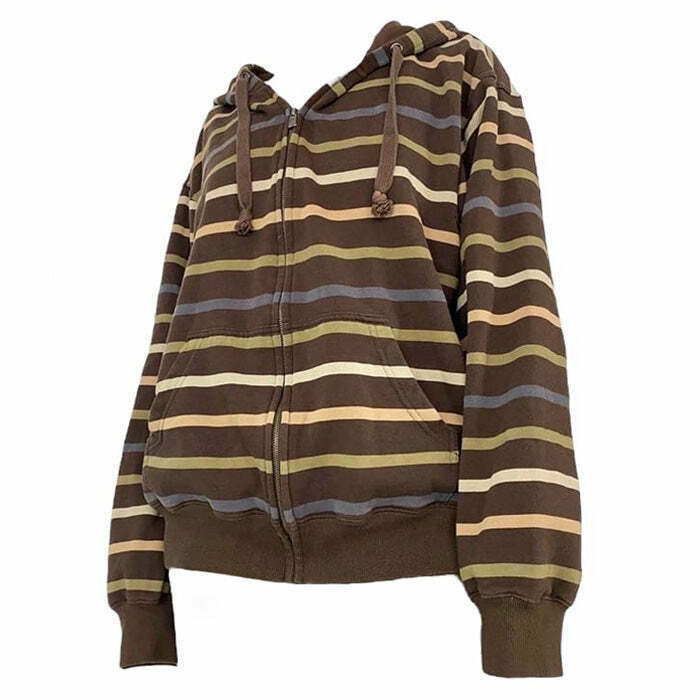 Y2K 90s Striped Zip Up Hoodie - Retro Grunge, Summer Outfits, Y2K Fashion Essentials