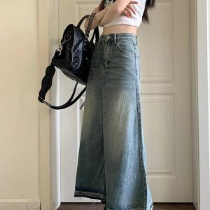 Y2K 90s Vintage Long Denim Skirt - Grunge, Retro, Summer, Party, and Club Outfits