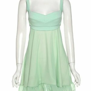 Y2K A-Line Mini Green Dress - 90s Grunge, Retro Summer Outfit, Y2K Party & Club