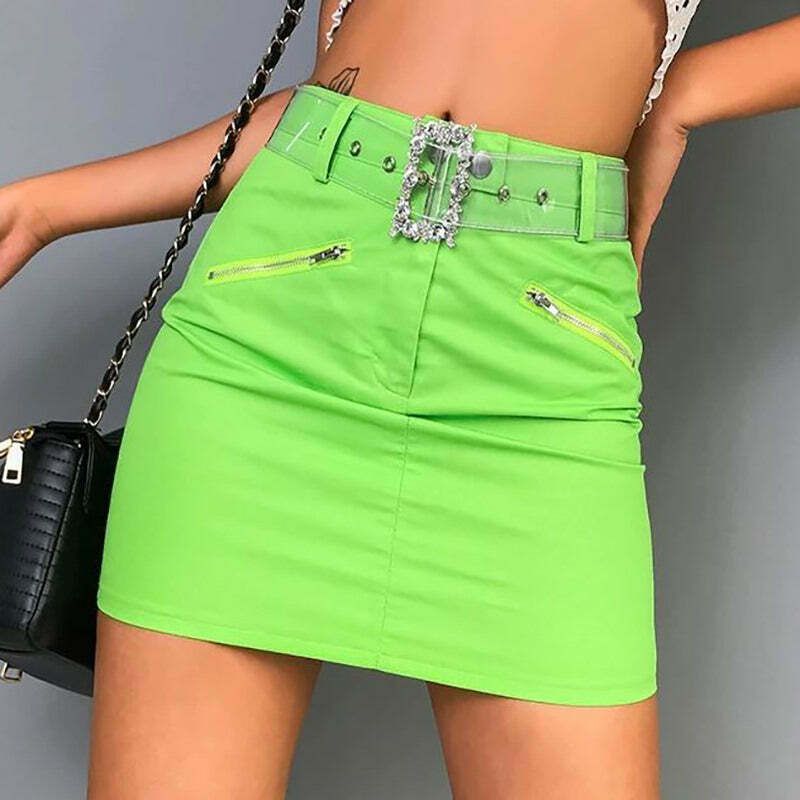 Y2K Acid Spark Green Skirt - Retro 90s Grunge Summer Outfit, Pastel Goth Fashion