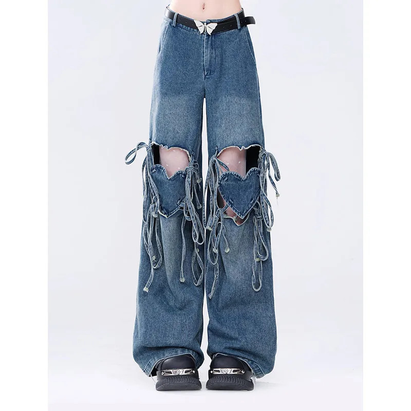 Y2k Aesthetic Baggy Bandage Denim Jeans - Vintage 90s Harajuku Style