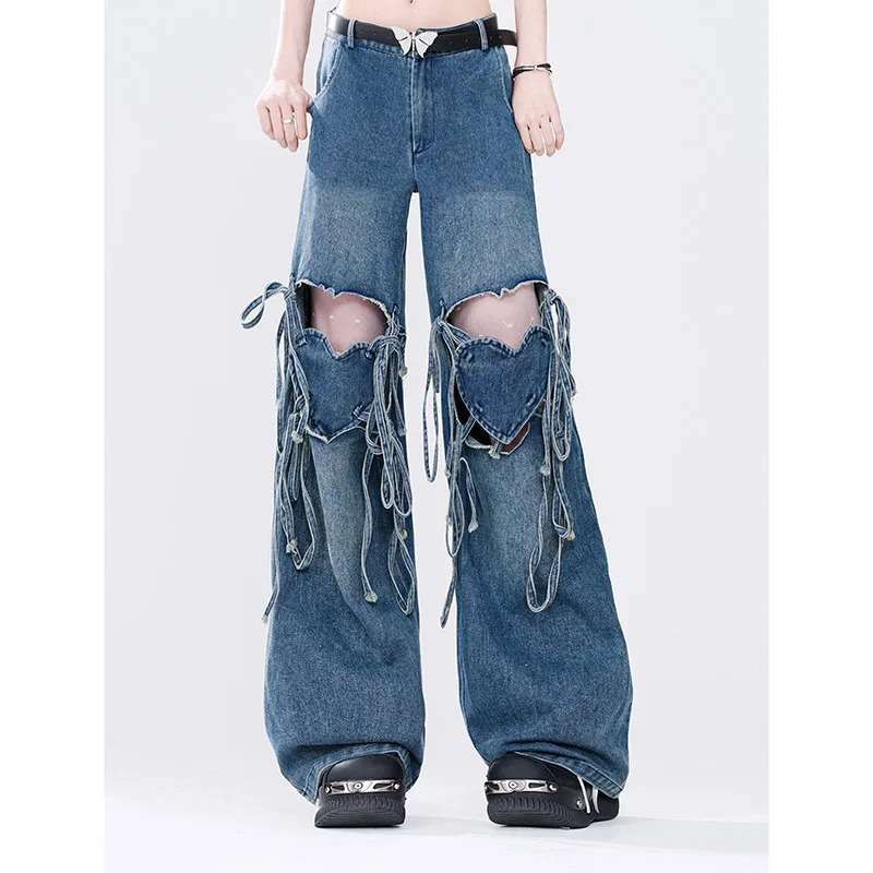 Y2k Aesthetic Baggy Bandage Denim Jeans - Vintage 90s Harajuku Style