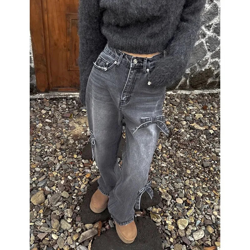 Y2K Aesthetic Black Bow Jeans - Korean Baggy Cowboy Pants for Women - Harajuku Wide Denim Trouser