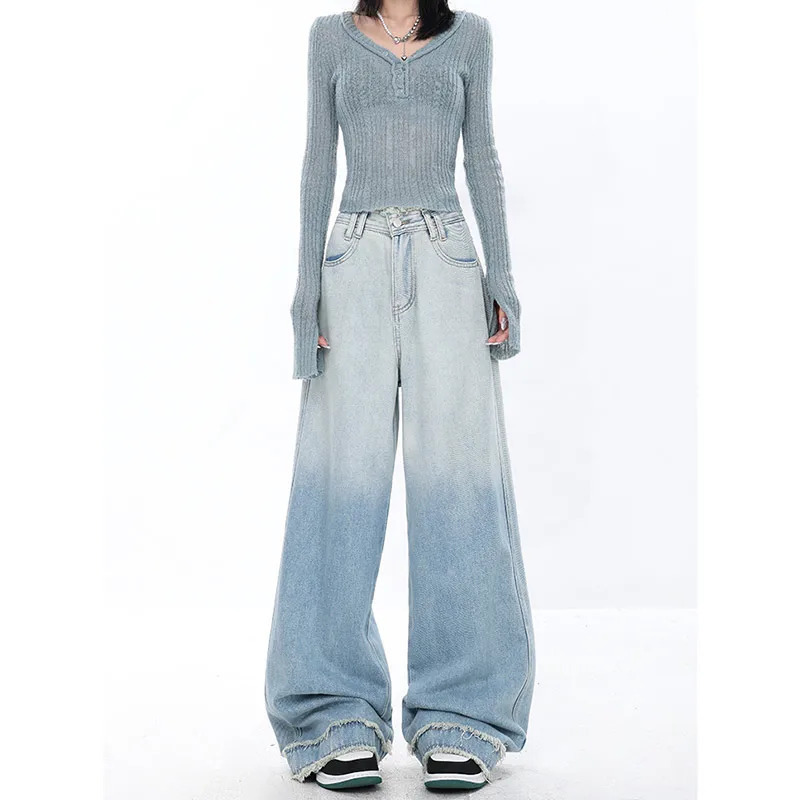 Y2K Aesthetic Blue Baggy Jeans - Harajuku Streetwear with Tassel Detail - Vintage 90s Den