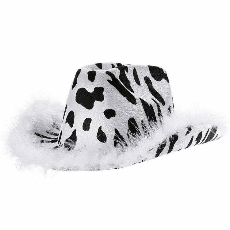 Y2K Aesthetic Cow Print Hat - Retro 90s Grunge Summer Outfit Essential for Y2K Fashion