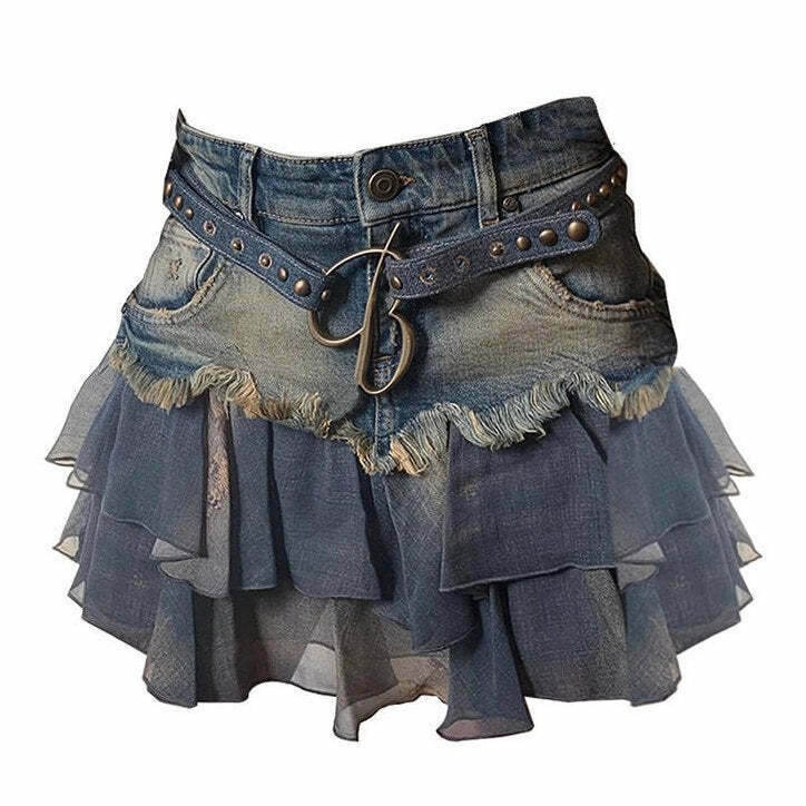 Y2K Aesthetic Denim Ruffled Skirt - 90s Grunge Summer Outfit, Retro Y2K Fashion,