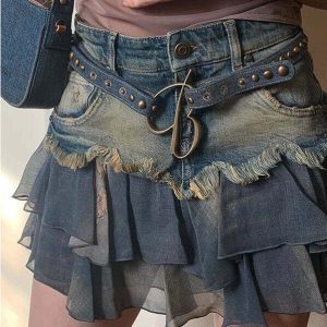 Y2K Aesthetic Denim Ruffled Skirt - 90s Grunge Summer Outfit, Retro Y2K Fashion,