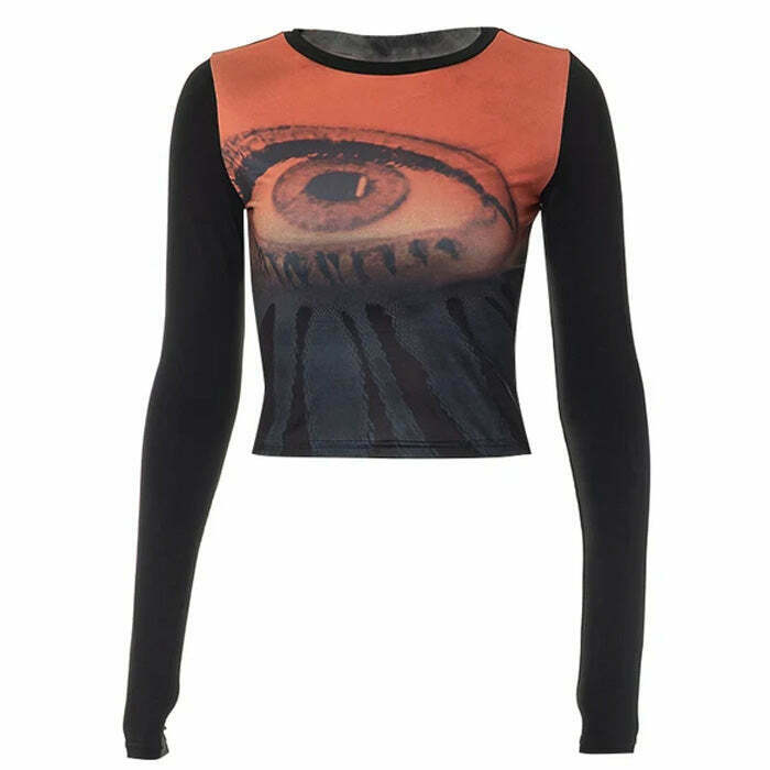 Y2K Aesthetic Eye Print Mesh Top - Retro 90s Grunge, Summer Party, Club, and Beach Out