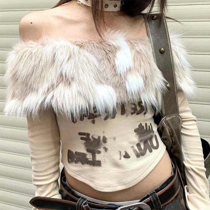 Y2K Aesthetic Fur Top - Retro 90s Grunge, Summer Party, Club Outfits, Popstar V