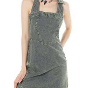 Y2K Aesthetic Halter Denim Dress - 90s Grunge Summer Outfit, Retro Y2K Party & Club