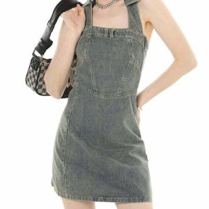 Y2K Aesthetic Halter Denim Dress - 90s Grunge Summer Outfit, Retro Y2K Party & Club