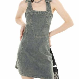 Y2K Aesthetic Halter Denim Dress - 90s Grunge Summer Outfit, Retro Y2K Party & Club