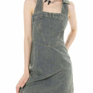 Y2K Aesthetic Halter Denim Dress - 90s Grunge Summer Outfit, Retro Y2K Party & Club