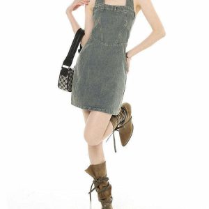 Y2K Aesthetic Halter Denim Dress - 90s Grunge Summer Outfit, Retro Y2K Party & Club