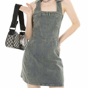 Y2K Aesthetic Halter Denim Dress - 90s Grunge Summer Outfit, Retro Y2K Party & Club