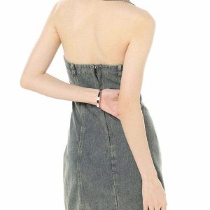 Y2K Aesthetic Halter Denim Dress - 90s Grunge Summer Outfit, Retro Y2K Party & Club